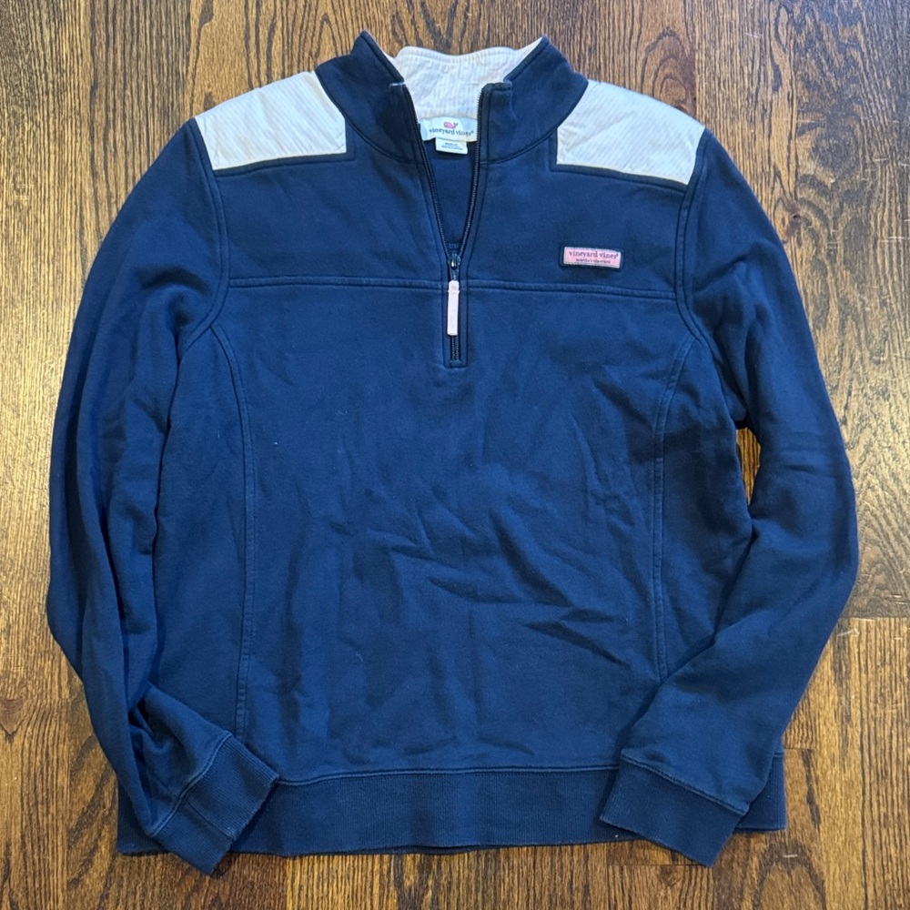 Women’s  Navy Blue Quarter-Zip Sweater size large pink striped